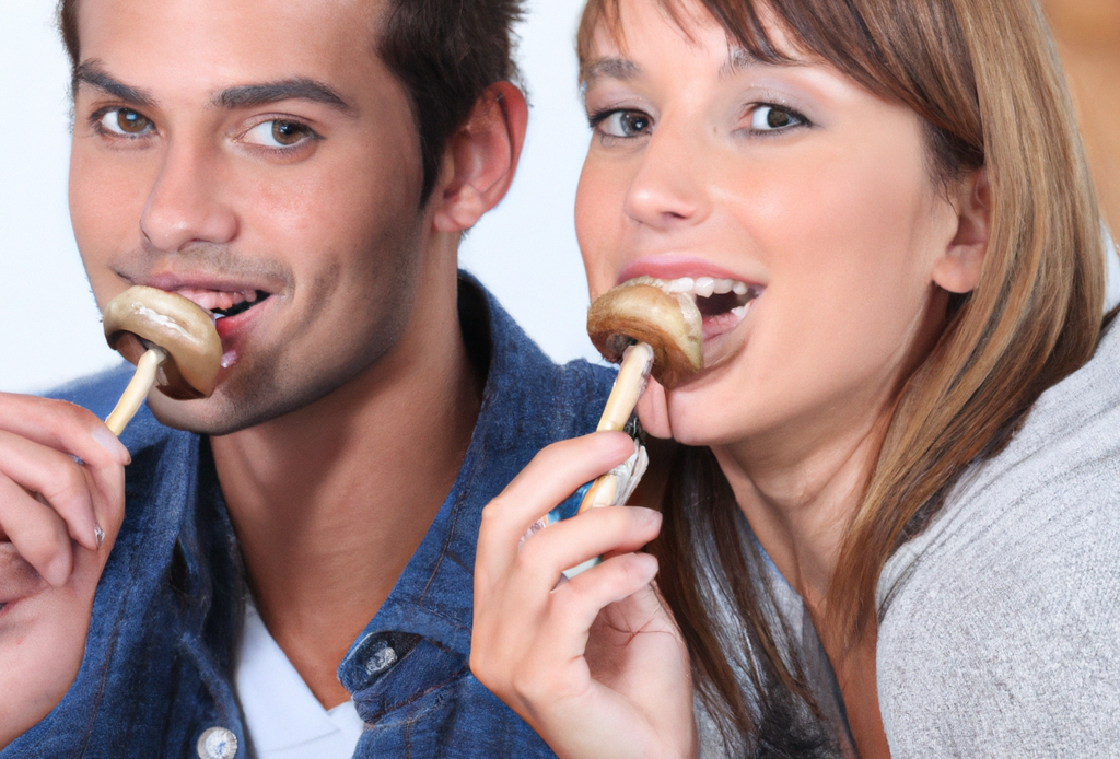 DALL·E 2023 03 27 11.59.14 A photo of a young couple eating mushrooms